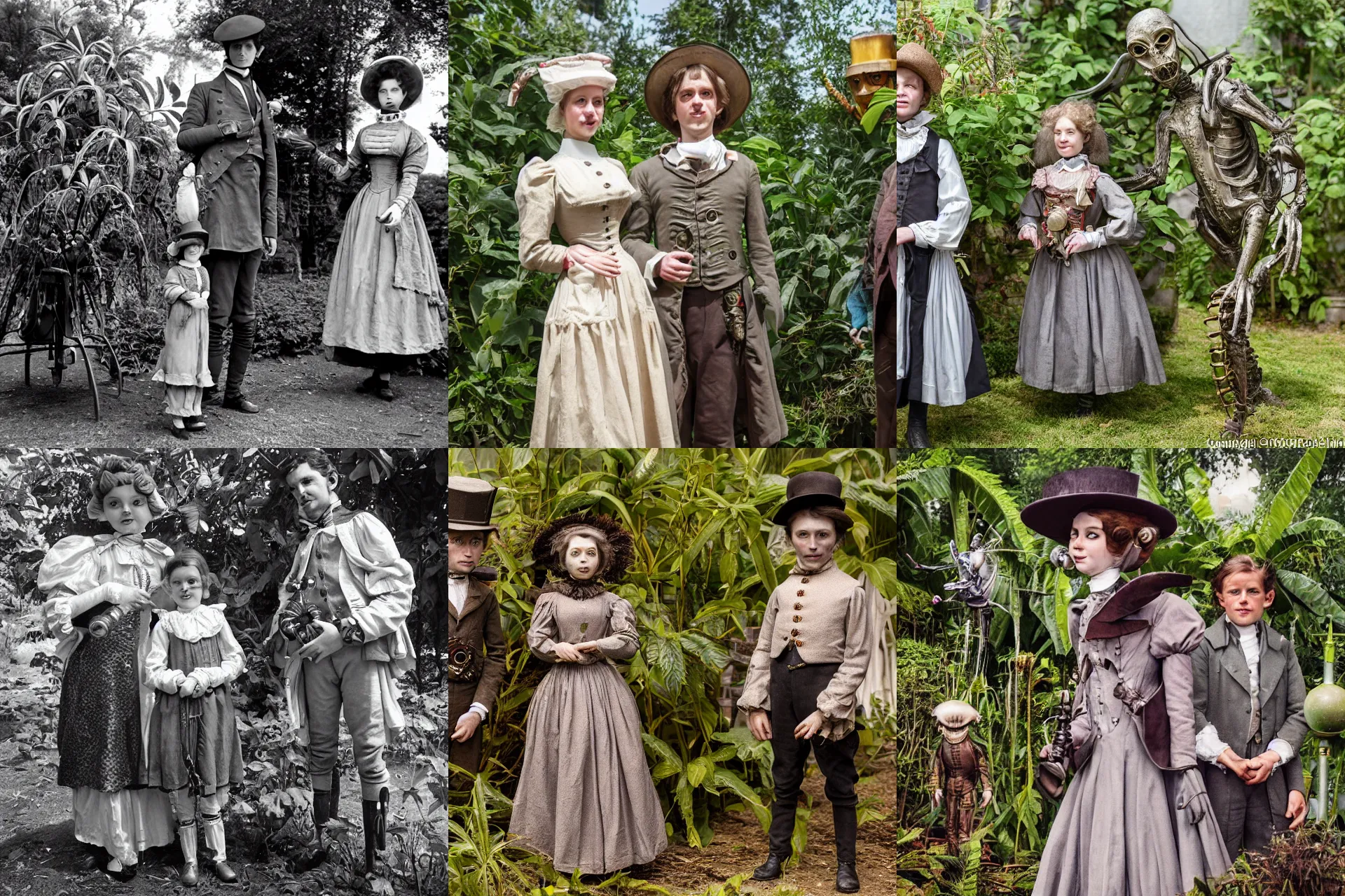 Prompt: detailed, sharp, a girl and a boy standing next to some alien plants, looking happy, wearing 1850s era clothes, their small pet alien creature is standing nearby, in a park on an alien planet, steampunk, extremely highly detailed, hyperrealistic, in focus faces, ultra realistic facial details, 70 mm still from a period sci fi movie, 8k, HD, good lighting