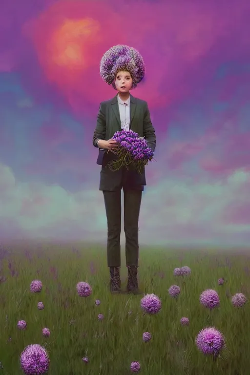 Image similar to portrait, enormous thistle flower under head, a girl in a suit in field of flowers, surreal photography, sunrise, blue sky, dramatic light, impressionist painting, digital painting, artstation, simon stalenhag