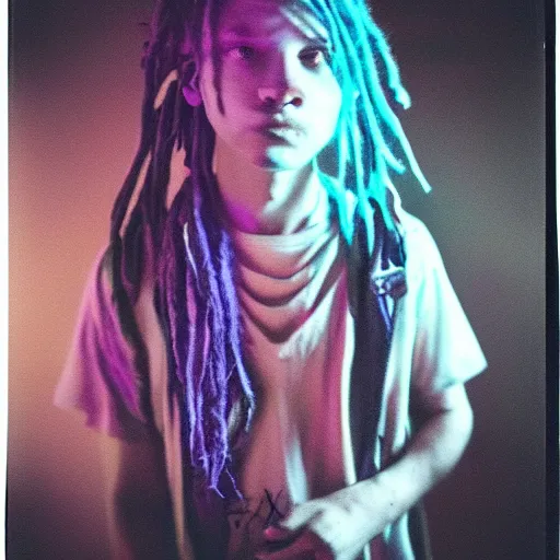 Image similar to a boy with colored dread hair in dark room flash, polaroid effect!!!