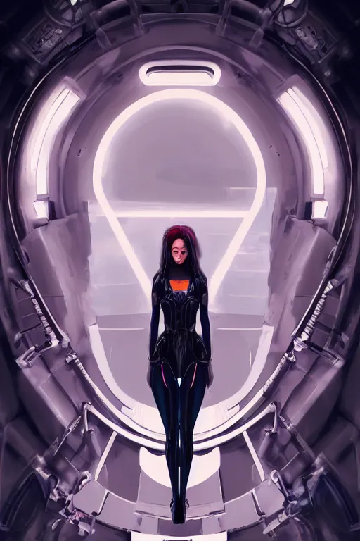 Image similar to portrait futuristic beautiful and eivl and gothic and elite army navy girl, at inside of a future submarine, ssci-fi, fantasy, intricate, very very beautiful, elegant, neon light, highly detailed, digital painting, artstation, concept art, soft light, hdri, huaman anatomy, smooth, sharp focus, illustration, art by tian zi and craig mullins and WLOP and alphonse mucha