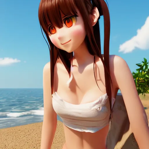 Prompt: Render of a very beautiful 3d anime girl, long hair, hazel eyes, cute freckles, full round face, cat ears, short smile, cute sundress, golden hour, serene beach setting, medium shot, mid-shot, highly detailed, trending on Artstation, Unreal Engine 4k