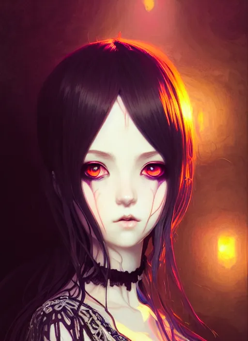 Image similar to portrait of beautiful gothic girl, cute face, intricate, highly detailed, digital painting, official media, anime key visual, concept art, rich vivid colors, ambient lighting, sharp focus, illustration, art by wlop and ilya kuvshinov and makoto shinkai and range murata and gustav klimt