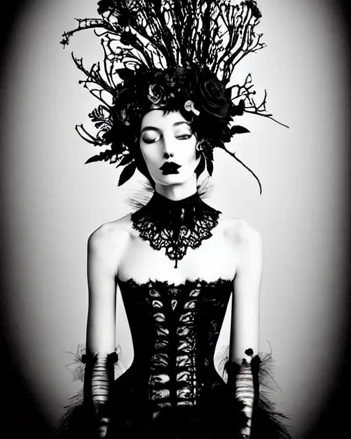 Image similar to surreal dark poetic black and white photo portrait of complex bio-mechanical beautiful young silver female vegetal-cyborg with a fur metal fine lace face, a very long neck and a fine metal floral foliage super big gothic lace collar and high big floral crown with many black dry roses by Vivienne Westwood:: smoke, high fashion, haute couture, rococo, avant-garde, dry black roses, silver filigree details, anatomical, facial muscles, cable wires, microchip, elegant, dreamy, foggy atmosphere, hyper realistic, 150 mm lens, soft rim light, octane render, unreal engine, picture was taken in 1910 by Man Ray, volumetric lighting, dramatic light,8k,
