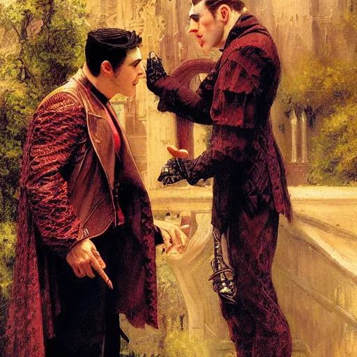 Image similar to attractive male, arthur pendragon confesses his love to attractive male dracula the vampire. highly detailed painting by gaston bussiere, craig mullins, j. c. leyendecker 8 k