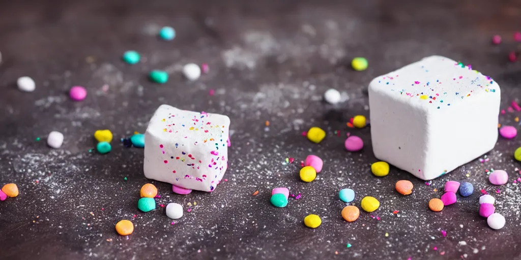 Image similar to photograph of a marshmallow cube with sprinkles and on a dark wooden chopping board, pastel colours, hessian cloth, styled food photography, photorealistic, 4 k