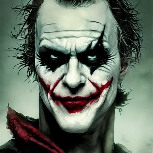 Image similar to heath ledger joker, darkwave, darksynth, character portrait, sharp, digital matte painting, art by luis royo, greg rutkowski, wlop, dramatic lighting, trending on artstation