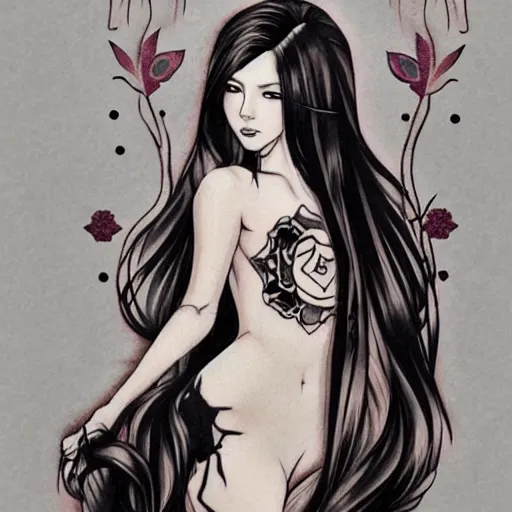 Image similar to tattoo design, stencil, beautiful young female, long dark hair, symmetrical facial features, Japanese, partially clothed in robe, by William-Adolphe Bouguerea and artgerm