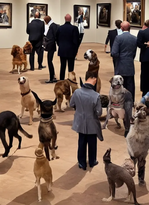 Prompt: formal dogs visiting a museum looking at paintings of humans suffering