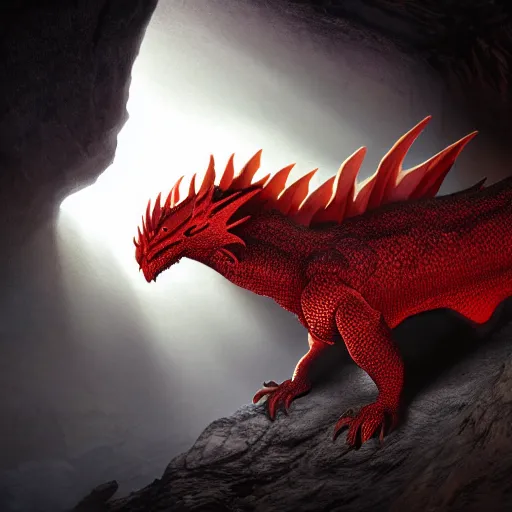 Image similar to photo of a large red scaly dragon sleeping on a mountain of human bones in a dark dusty cave with a ray of light shining on it\'s face. Very detailed 8k. fantasy