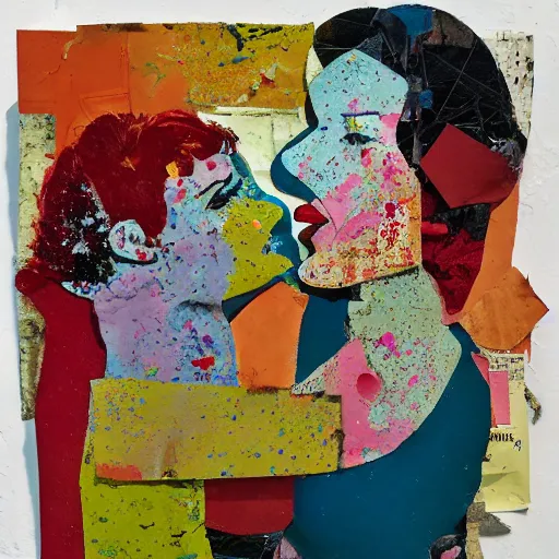 Prompt: two women kissing at a carnival, mixed media collage, retro, paper collage, magazine collage, acrylic paint splatters, bauhaus, abstract claymation, layered paper art, sapphic visual poetry expressing the utmost of desires by jackson pollock