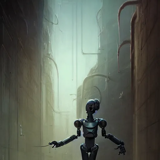 Image similar to professional ominous concept art portrait of a robot - human chimera character by artgerm and greg rutkowski. an intricate, elegant, highly detailed digital painting, concept art, smooth, sharp focus, illustration, in the style of simon stalenhag, wayne barlowe, and igor kieryluk.