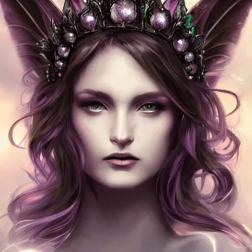 Image similar to detailed portrait of a dark fairy queen with wings, crown, pixie, iris, realism, emerald, galaxy, sapphire,dark purple crown,leaves, moonlit, dark fantasy, dramatic lighting, cgsociety, artstation