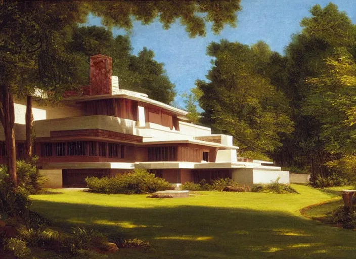 Prompt: painting of a frank lloyd wright house in cape cod by thomas cole