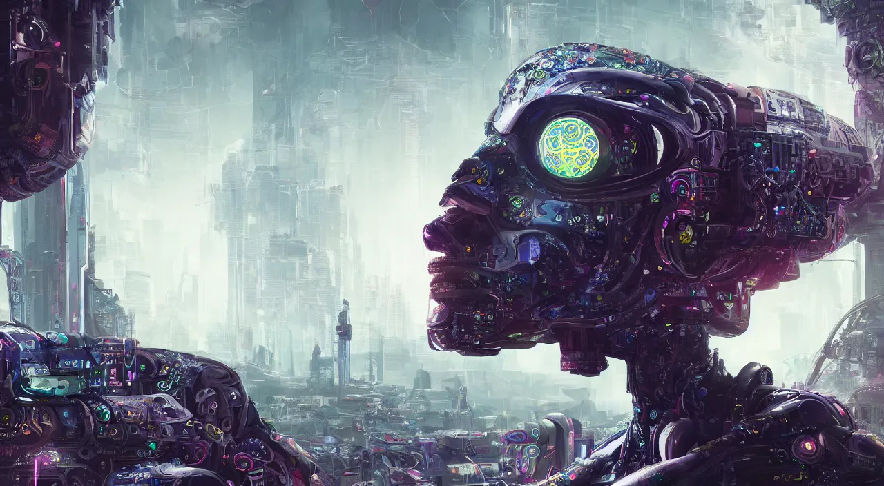 Prompt: portrait of a biophilic cyborg with psychedelic eyes, in background cyberpunk landscape, ultra realistic, concept art, intricate details, highly detailed, photorealistic, octane render, 8 k