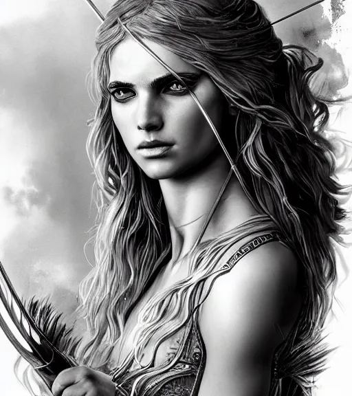 Image similar to portrait of beautiful aphrodite goddess as an archer warrior, arrow, beautiful piercing eyes, flowing blonde hair, realistic face, black and white drawing, in the style of greg rutkowski, fantasy, amazing detail, epic, intricate, elegant, smooth, sharp focus