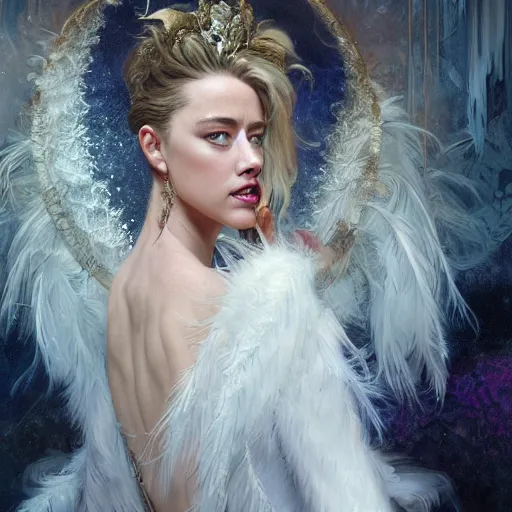 Prompt: hyperrealistic portrait of a woman as amber heard as the winter witch in throne room at night wearing white swan dress long feathers and sapphire jewellery by jeremy mann and alphonse mucha, fantasy art, photo realistic, dynamic lighting, artstation, poster, volumetric lighting, very detailed faces, 4 k, award winning