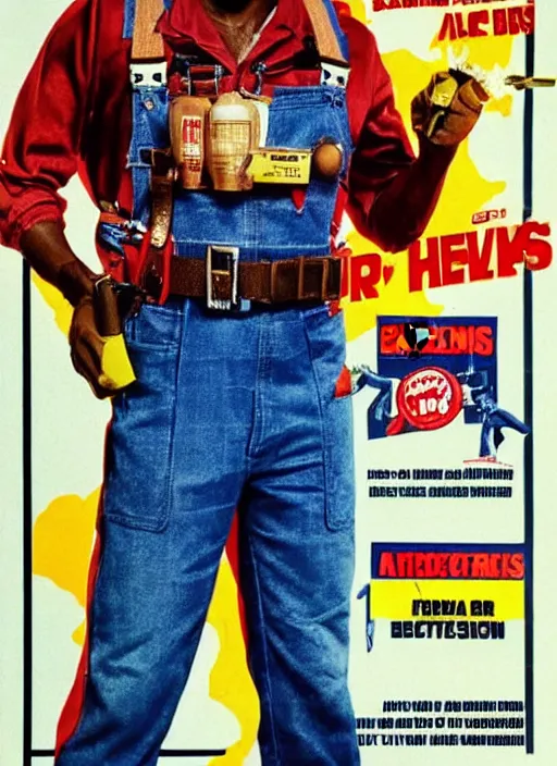 Image similar to an 8 0's john alvin action movie poster starring eddie murphy face as a plumber to rich people. bathroom. overalls. tool belt. the movie is called beverly hills crap