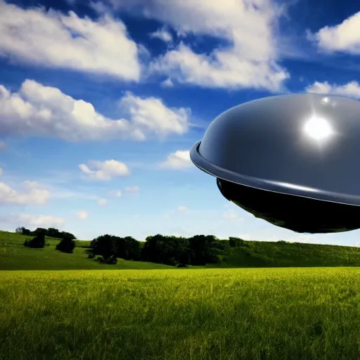 Image similar to a realistic chrome ufo landed on a field, green hills, summer day, beautiful, blue skies