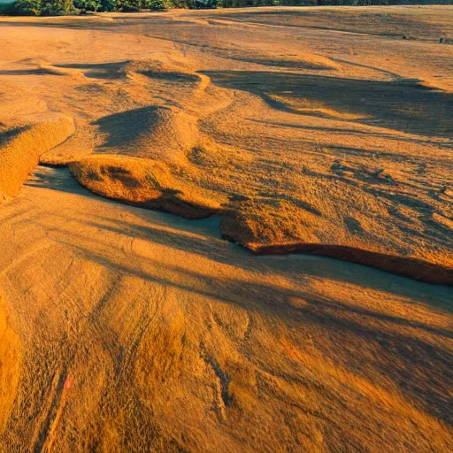 Prompt: landscape photo of dry river in the shape of normal spinal curvature, drone shot, golden hour