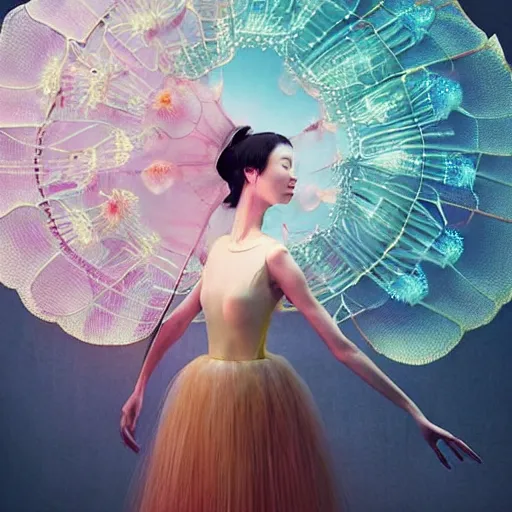 Image similar to asian female wearing luminous jelly fish armor. soft, fragile. by ray caesar. by louise dahl - wolfe. by andrea kowch. by anna claren. surreal photography