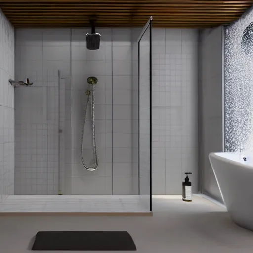 Image similar to still photo of a japanese shower in bathroom, highly detailed, photorealistic portrait, bright studio setting, studio lighting, crisp quality and light reflections, unreal engine 5 quality render