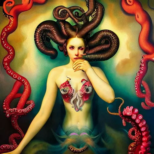 Image similar to dynamic composition, a painting of a woman with hair of octopus tentacles and bright corals, wearing ornate earrings, a surrealist painting by tom bagshaw and jacek yerga and tamara de lempicka and jesse king, featured on cgsociety, pop surrealism, surrealist, dramatic lighting, pre - raphaelite, ornate gilded details