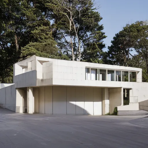 Image similar to second story elevated white brutalist home perched atop 2 equidistant separated large piers, double cantilevered design, large windows, elegant, white stone, proportion, golden ratio, epic composition, steel window mullions, cars parked underneath