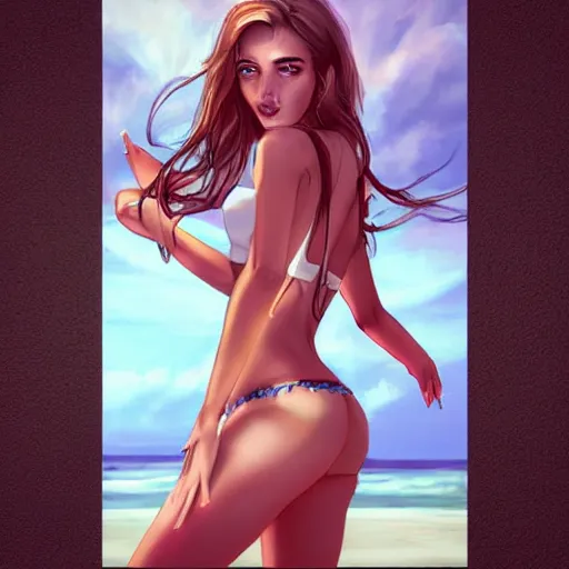 Prompt: beautiful succubus in daisy dukes on the beach making eye contact drawn by artgerm