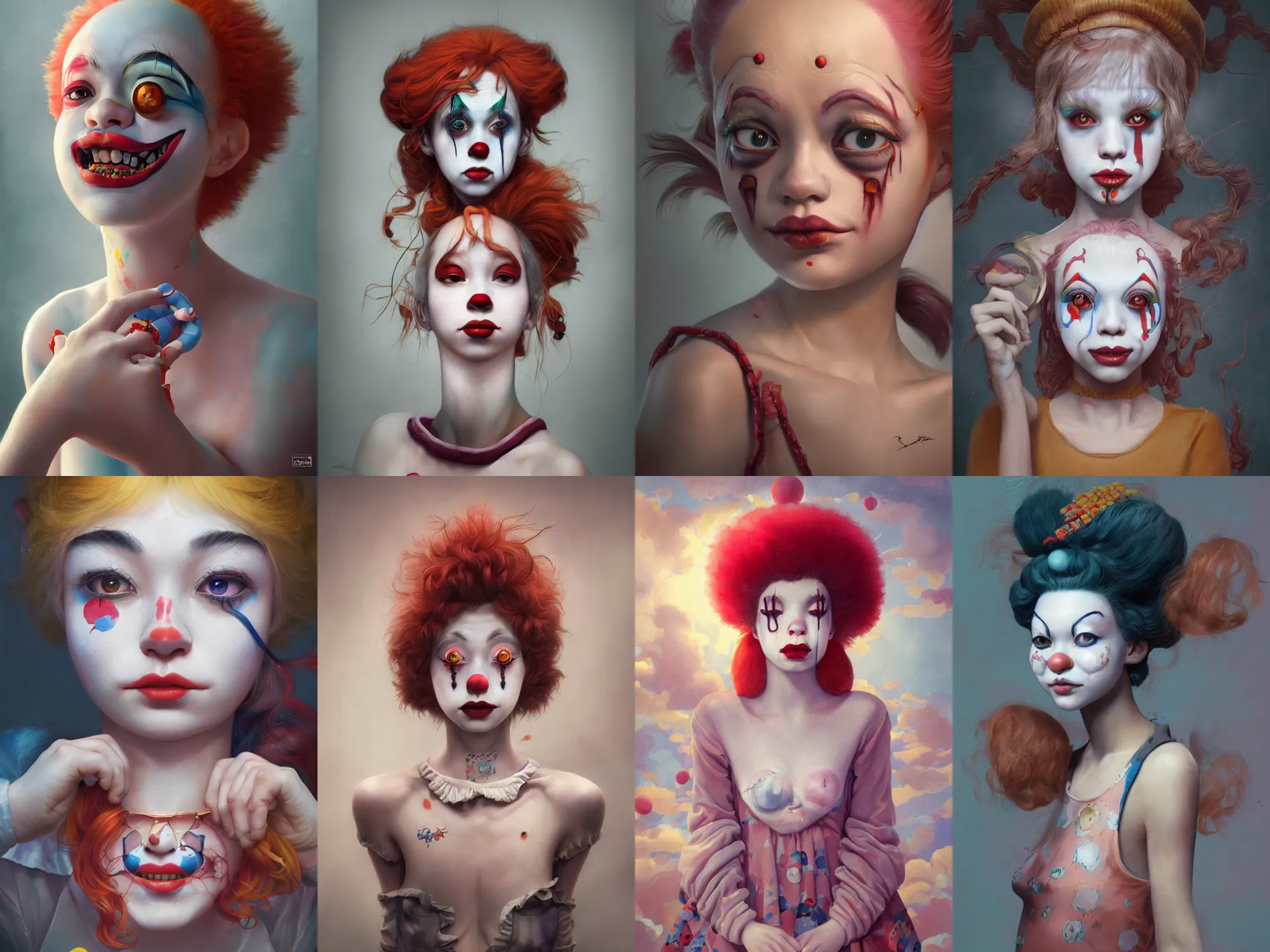 Image similar to breathtaking detailed painting of clown girl , with anxious, piercing eyes, Atari game cover art by Hsiao-Ron Cheng, James jean, Miho Hirano, Hayao Miyazaki, extremely moody lighting, hyperrealistic, octane render, RPG portrait, ambient light, dynamic lighting