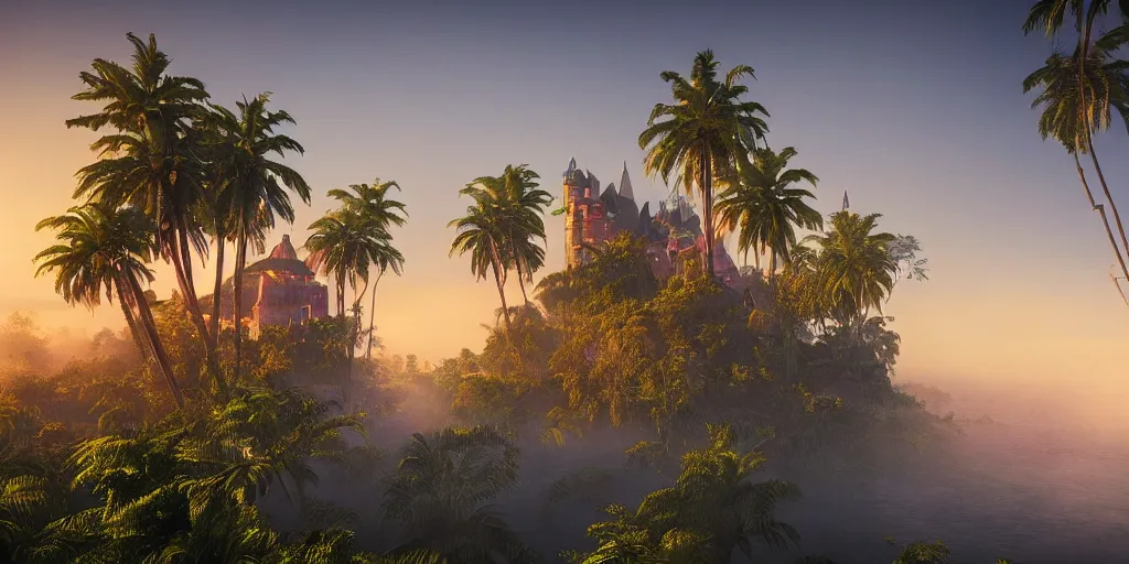 Prompt: a highly detailed photo of a tropical castle surrounded by a mist shot during sunrise on 3 0 mm film painted by alena aenami, rendered in unreal engine