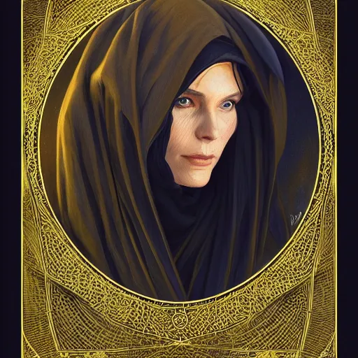 Image similar to portrait, female bene gesserit, bee keeper, dark clothes, veiled face, hidden face, d & d, fantasy, intricate, elegant, highly detailed, digital painting, artstation, concept art, matte, sharp focus, illustration, art by artgerm and greg rutkowski and alphonse mucha