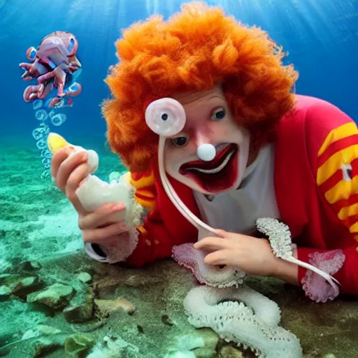 Prompt: Ronald mcdonald eating an octopus underwater