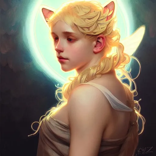 Image similar to Portrait of a girl angel with blonde hair, cat ears, glowing halo, wings, fantasy, intricate, elegant, highly detailed, digital painting, artstation, concept art, smooth, sharp focus, illustration, art by Krenz Cushart and Artem Demura and alphonse mucha