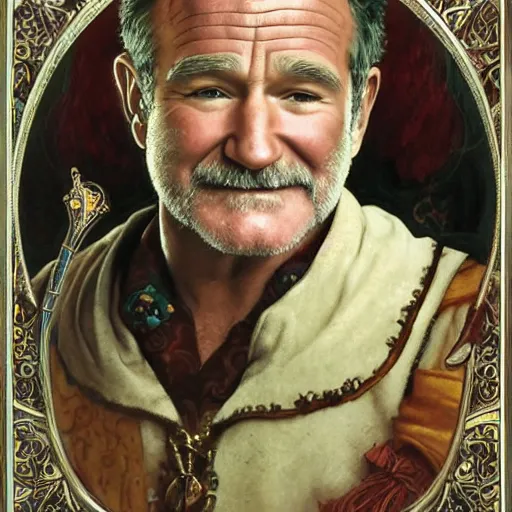 Prompt: an ultradetailed portrait of robin williams dressed as sheogorath, floating in the air with magic, the elder scrolls, fantasy, intricate, elegant, highly detailed, digital painting, matte, sharp focus, illustration, art by john collier and albert aublet and krenz cushart and artem demura and alphonse mucha