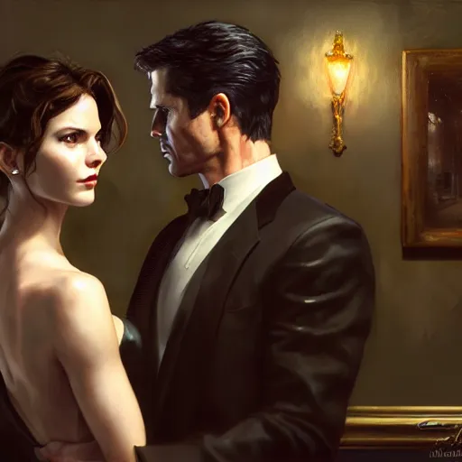 Image similar to daniel gerhartz and artgerm and wlop detailed portrait digital painting of a bruce wayne and selina kyle at a party in a mansion, mansion interior in the background, unreal engine, hyper realism, realistic shading, cinematic composition, blender render, octane render, hdr, detailed textures, photorealistic, 3 5 mm film