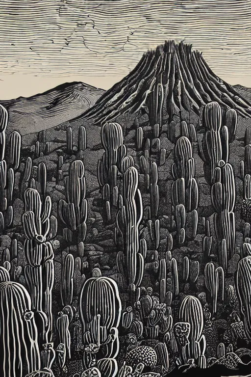 Prompt: art by brian reedy, a beautiful black ink linocut print of the giant cactus forest baja california, 8 k, frostbite 3 engine, cryengine, ground level shot, dof, trending on artstation, digital art, crepuscular ray