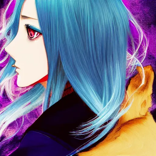 Image similar to profile shot of rimuru tempest, sky blue straight hair, long bangs, gold eyes, amber eyes, wearing a black jacket with white stripes, high collar, ultra detailed, wild brush strokes, digital painting, cinematic, wlop, pixiv, color block, eerie, scary, yoshitaka amano, ilya kuvshinov, andy warhol