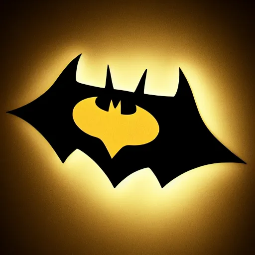 Prompt: batman's new logo shining into the sky above gotham city by spotlight, realistic lighting, gotham city, spotlight, batman, logo, high resolution, highly detailed