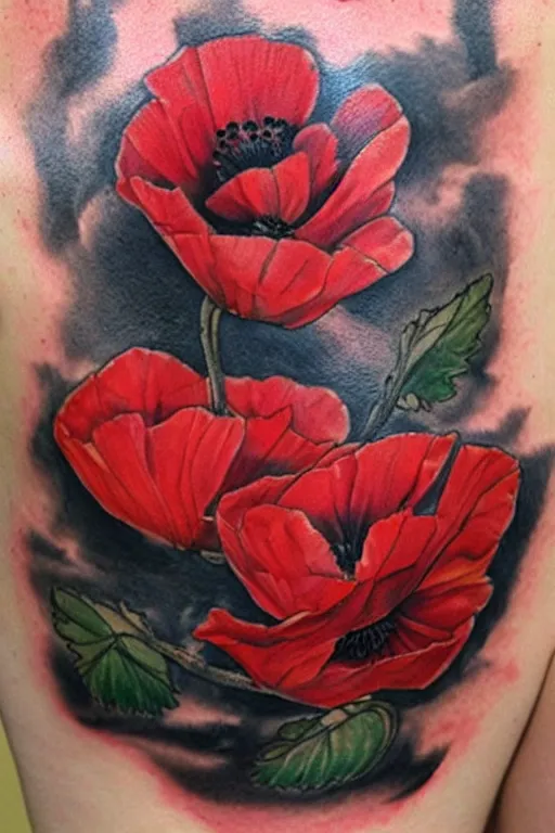 Image similar to tattoo concept, poppy, spine, red, black, fine line