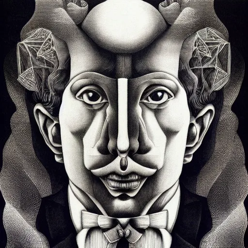 Image similar to lithography on paper secret conceptual figurative post - morden monumental dynamic portrait drawn by escher and hogarth, inspired by magritte, illusion surreal art, highly conceptual figurative art, intricate detailed illustration, controversial poster art, polish poster art, geometrical drawings, no blur