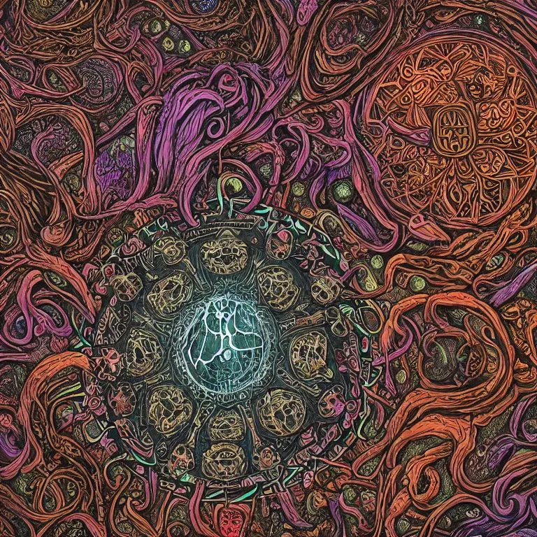 Image similar to a intricate mandala of skulls and flesh and bone with deep and intricate rune carvings and weaving lovecraftian tentacles by dan mumford, space nebula, twirling smoke trails, a twisting vortex of dying galaxies, collapsing stars, digital art, photorealistic, vivid colors, highly detailed, intricate