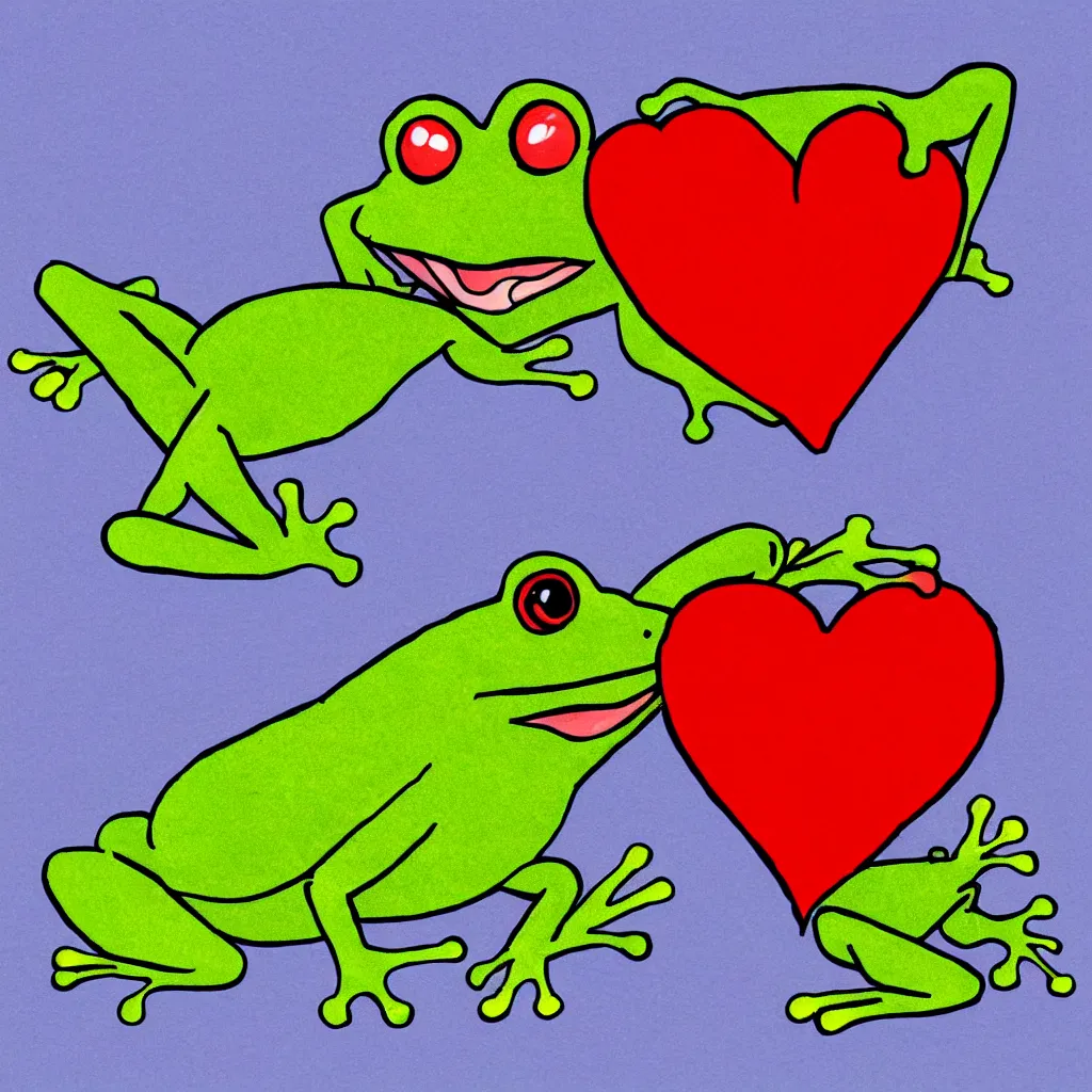 Image similar to a frog holding a big red heart, children’s cartoon, stylized