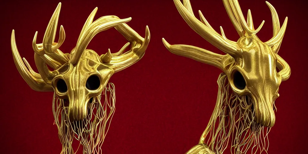 Image similar to stylized shiny polished gold statue full body bizarre extra limbs cosmic horror quadruped animal moose deer skull four legs made of marble of slug worm creature tendrils perfect symmetrical body perfect symmetrical face hyper realistic hyper detailed by johannen voss by michelangelo octane render blender 8 k displayed in pure white studio room anatomical deep red arteries veins flesh hell