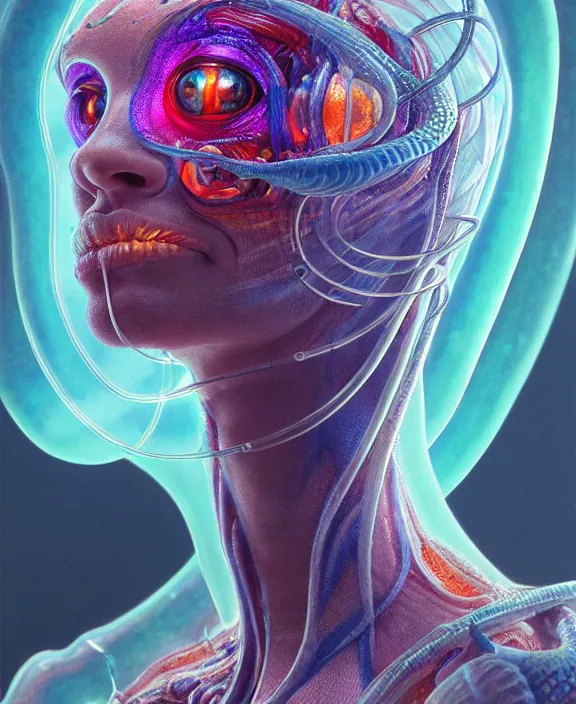 Image similar to intricate colorful transparent portrait of a disturbing beautiful alien snake creature, mottling coloring, adorable, childlike, medical equipment hospital environment, ultra realistic, concept art, art nouveau, photorealistic, octane render, 8 k, unreal engine. art by christopher marley and artgerm and greg rutkowski and alphonse mucha