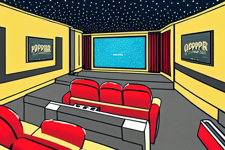 Image similar to very wide view, a modern home movie theater with big screen, stylish sconces, old popcorn machine!, movie posters!, very happy, interior designed by kelly wearstler, rough color pencil illustration