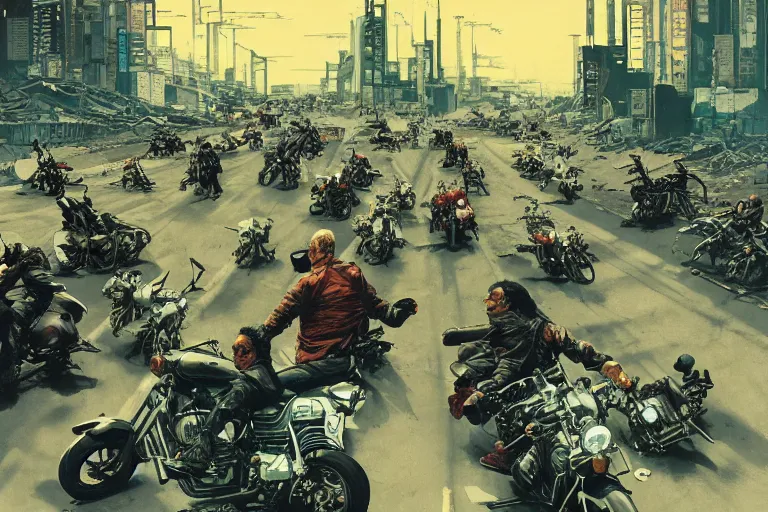 Prompt: full page illustration, birds eye view of a motor bike gang cruising the destroyed streets of post apocalypse Neo tokyo by Katsuhiro Otomo, Phil hale, Ashley wood, Ilya repin, frank frazetta, 8k, hd, high resolution print