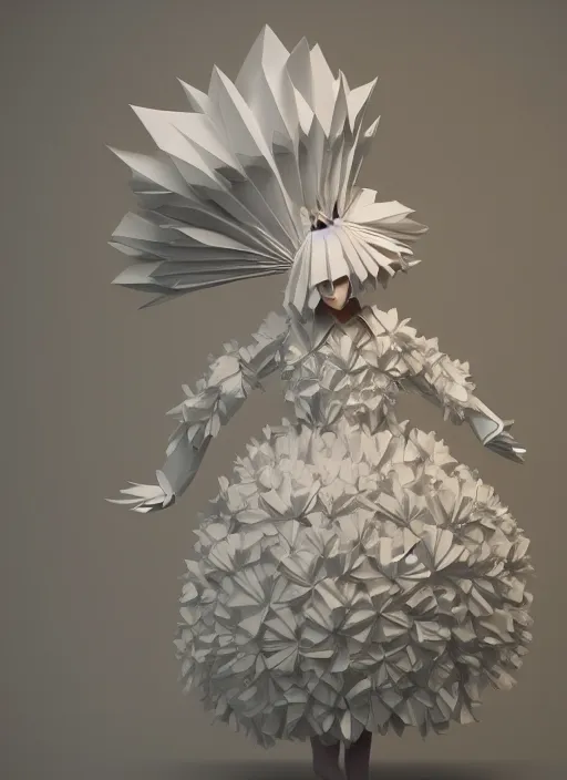 Image similar to background edge of space with puffy clouds are dusk, anthropomorphic paper woman wrapped in a flowing couture tissue paper, paper chrysanthemums, many origami stars, eery light, 3 d, very detailed, octane render, trending artstation, trending cgisociety, artgem