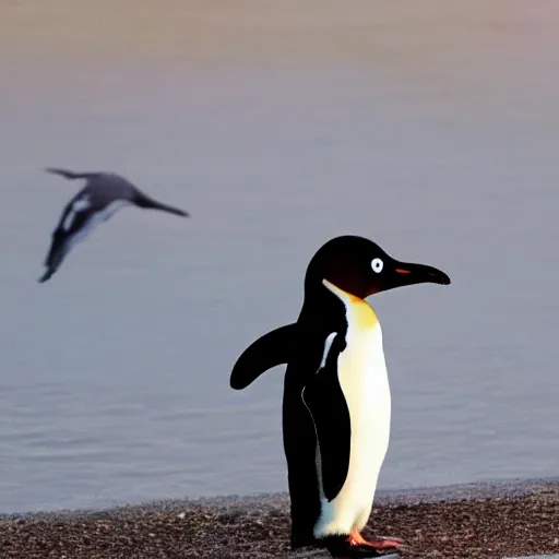 Prompt: penguin staring off into the sunset