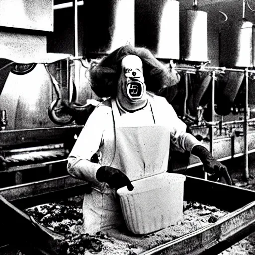 Prompt: ronald mcdonald working in a slaughterhouse.