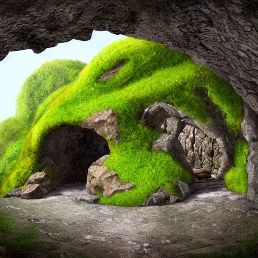 Image similar to round circular evil cave entrance from outside in center frame covered in moss and rocks, large boulders matte painting studio ghibli